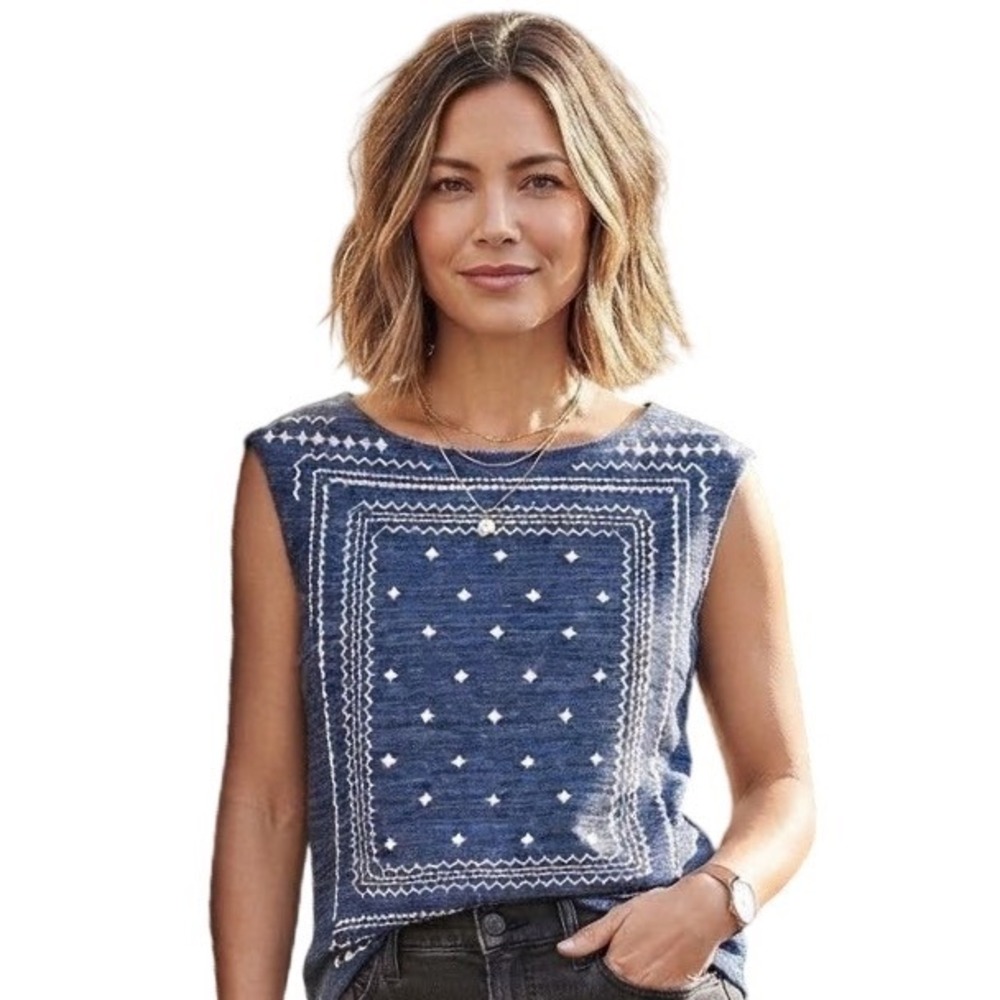 Banana Republic Sleeveless Top Blue Embroidered Bandana Boho Coastal Shell Small